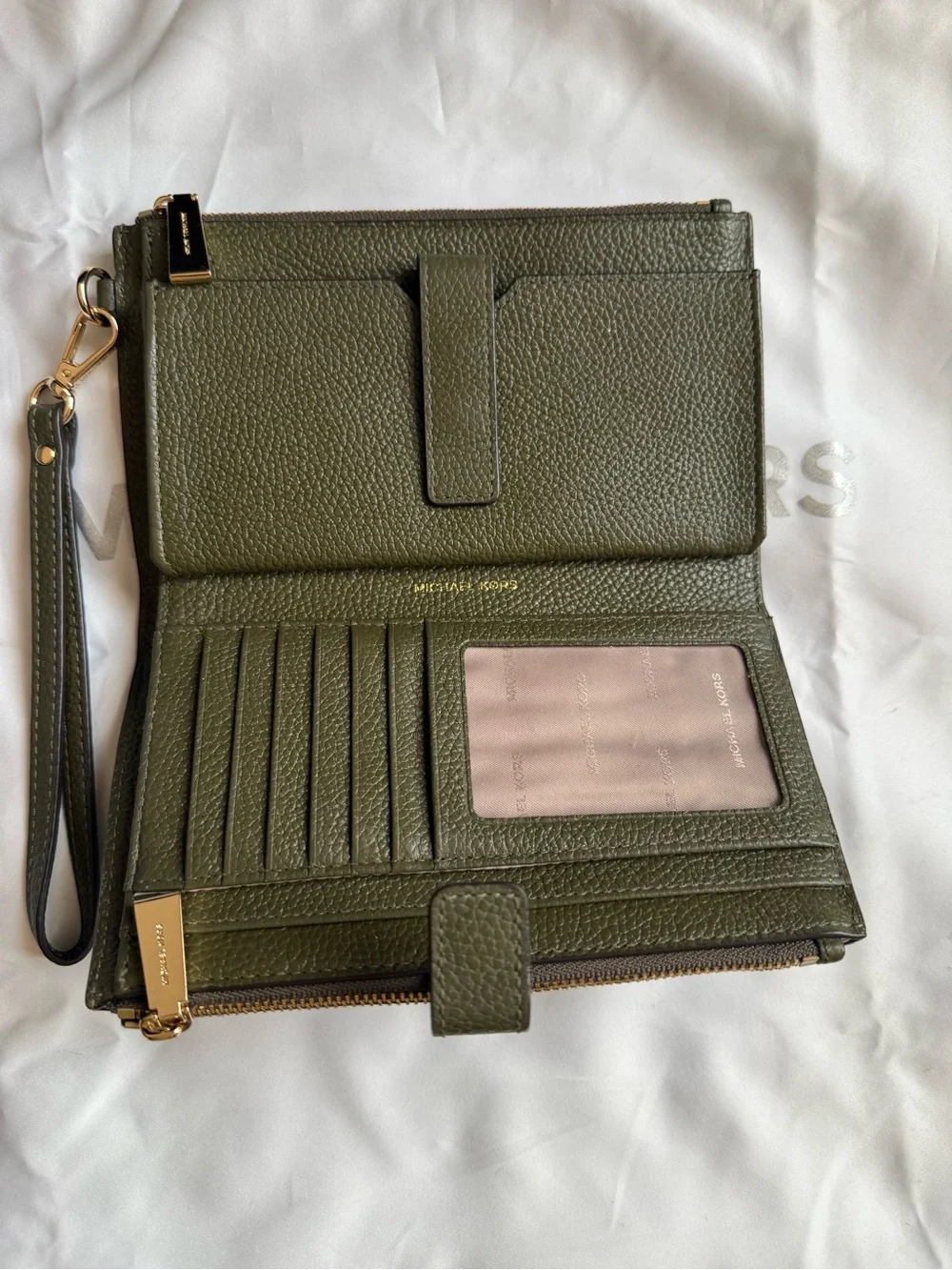 Michael Kors Dark Olive Green Pebbled Leather Wristlet with Gold Hardware EUC